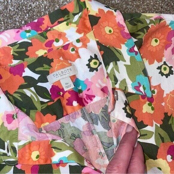 Talbots Woman Dress Pink Floral Bright Sleeveless Cotton Collar Button Down SZ 8 - Picture 5 of 13